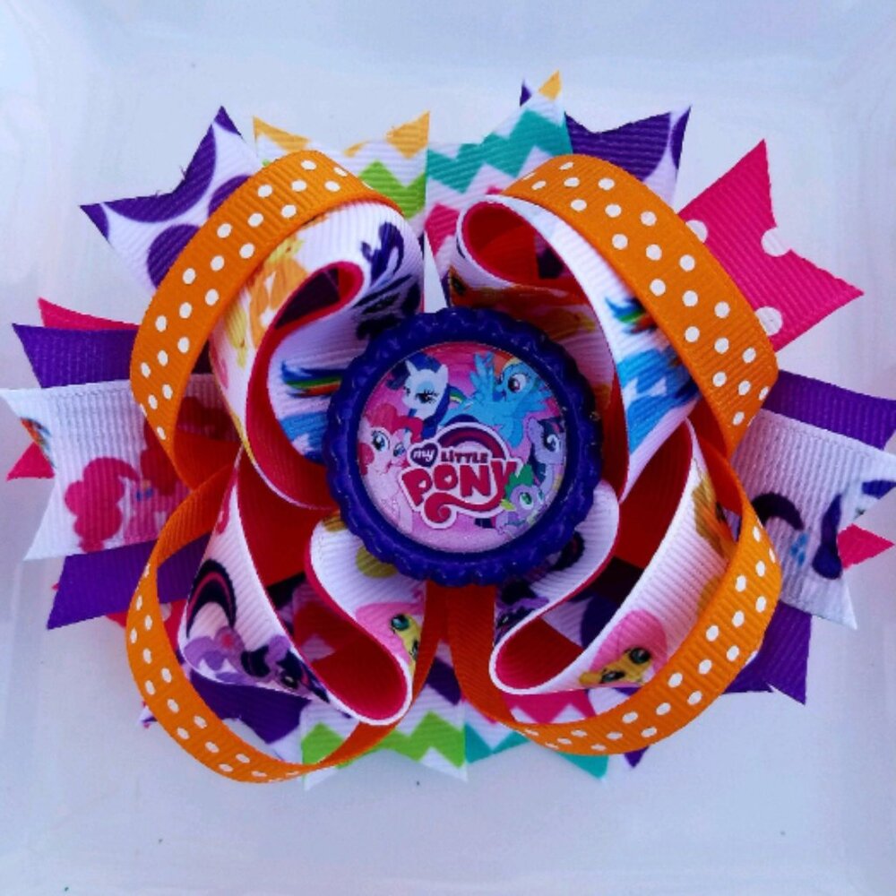 My Little Pony Purple Orange Pink White Ponies Bottle Cap Hair Bow 5"